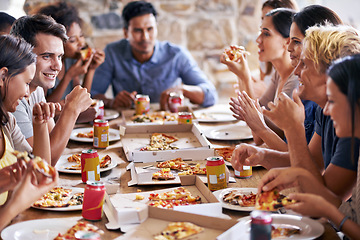 Image showing Friends together eating, pizza at restaurant and fast food on table with social gathering and happiness in group. Men, women have lunch party with food, soda and nutrition, meal in New York pizzeria.