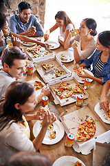 Image showing Pizza, restaurant and friends party at table eating together with social, communication and conversation for reunion or celebration. Happy group of people with fast food, soda and lunch in cafeteria