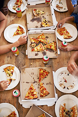 Image showing Restaurant, pizza and people hands with food, soda and eating for celebration, birthday party and group event in cafeteria table. Above of friends with plate of fast food, drink and dinner or lunch