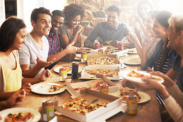 Image showing Restaurant, pizza and group of people eating together for holiday celebration, birthday party or social event with diversity, happy and youth. Soda drink, food and fast food cafe with friends talking