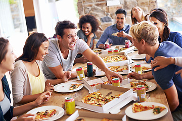 Image showing Lunch, happy friends and pizza party with food, drinks and conversation, social gathering and get together. Young people, group and happiness at fast food pizzeria, restaurant and celebration at home