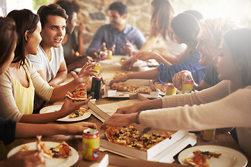 Image showing Fast food, pizza and party with a friends at a restaurant in celebration of a birthday or event together. Cafe, diversity and eating with a man and woman friend group sitting around a table for food
