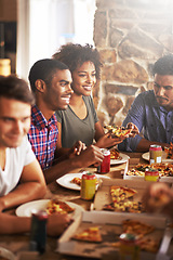 Image showing Friends eat pizza, lunch and food at restaurant with fun together on friendship date, party or celebration. Fast food, table and social gathering, event and dinner meal with soda in Chicago diner.