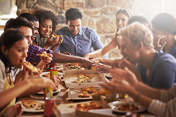 Image showing Pizza, dinner party and friends at a restaurant together feeling happy about social celebration. Diversity, food and lens flare of people eating fast food at dinner talking and speaking at a table