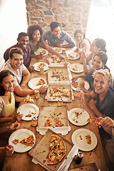 Image showing Friends, portrait and pizza party, table and happy smile with diversity, social and celebration at a restaurant. Happiness people, fast food and social event while eating, celebrate and friendship