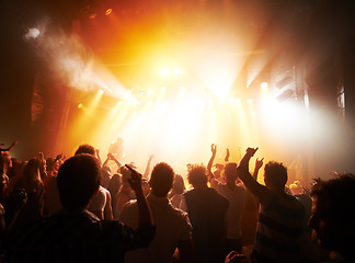 Image showing Music concert, band or silhouette audience with music, rock and live performance, energy and festival with men or women. People, dance or lights at musical event, crowd or dancing to audio with stage