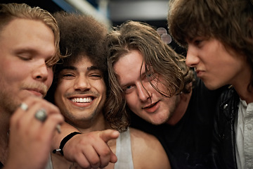 Image showing Friends, drunk and high while smoking weed for punk rock band portrait with group together feeling happy at party, show or concert. Diversity, energy and happy men on music festival tour together