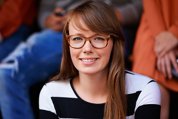 Image showing Smile, portrait and student at a party, college social and education event to celebrate with happiness. Studying, happy glasses and face of a woman at university concert with a scholarship to study