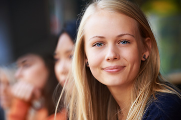 Image showing Teen girl, face and happy smile outdoor, beauty and positive mindset, elegant and portrait with confidence. Gen z, young woman or beautiful teenager at outside event with happiness, blonde or smiling