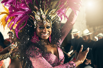 Image showing Party, dancing and portrait of samba dancer at carnival, festival and traditional celebration in Brazil. Culture, costume and face of black woman ready for dance, performance and music with band