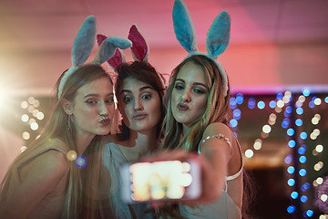 Image showing Phone, party or friends take a selfie for a social media profile picture on girls night in celebration of a happy birthday. Faces, freedom or young gen z women taking pictures for online content