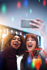 Image showing Friends, selfie and women party and holiday celebration with cocktails at new year event and smile in photo, smartphone and happy. Social, celebrate holiday and happiness in picture with alcohol.