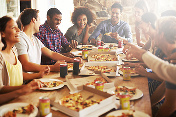 Image showing Friends, happy with pizza at restaurant, fast food and soda with group on lunch or dinner date, happiness and nutrition. Food, friendship and meal at New York pizzeria, party and social gathering.