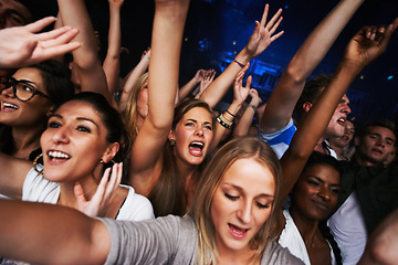 Image showing Crowd, concert selfie and music festival with fans having fun, audience cheers for live band performance in Los Angeles. Music, energy and entertainment with excited picture and festival for new year