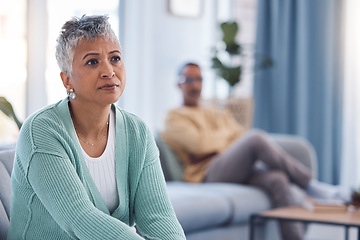 Image showing Divorce, fight and sad with couple in living room for depression, fail marriage and toxic partnership. Angry, conflict and frustrated with man and woman on sofa for mental health, crisis and argument