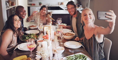 Image showing People, diversity or phone selfie at Christmas dinner party, festive social gathering or healthy food celebration in house or home. Happy smile, bonding xmas friends or mobile photography technology