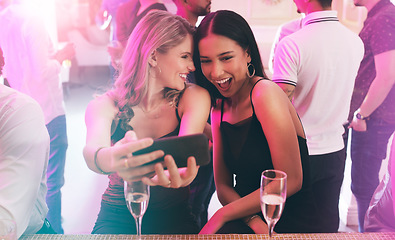 Image showing Friends, selfie and wine with women at party in nightclub for celebration, new year and social media. Disco, music and smile with girl and phone at cocktail event for energy, happy hour and dance