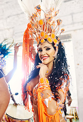 Image showing Carnival, festival and portrait of samba dancer ready for dancing, performance and festive celebration in Brazil. Culture, costume and face of woman excited for dance event, concert and party in rio