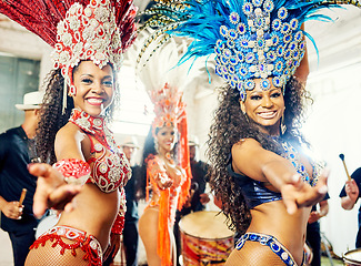 Image showing Portrait of women, samba and carnival band in Brazil for celebration, mardi gras and party. Salsa dancers, happy group and music festival performance in rio de janeiro for culture, concert and show