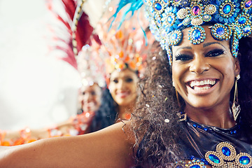 Image showing Portrait of women, samba and Brazilian carnival dancers in creative fashion for celebration, party and music festival event. Happy black woman dancing in rio de janeiro for salsa group performance