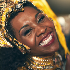 Image showing Portrait of black woman, carnival dancer and Brazil culture, samba party and celebration. Face of happy female dancing in rio de janeiro at music festival, performance or creative event with energy