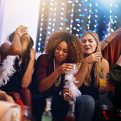 Image showing Party, alcohol and friends with shots in nightclub enjoy holiday, vacation and birthday together. Social event, cocktails and funny faces of women drinking alcoholic drinks in happy hour at disco