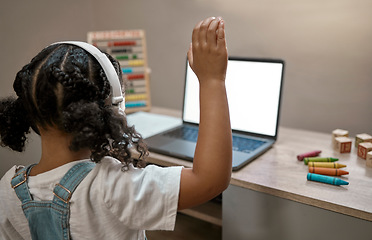 Image showing Video call, laptop and mockup with child learning at home for pandemic, education and knowledge. Quarantine, school and online courses with girl student and raised hand for study in virtual classroom