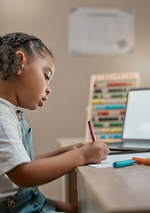 Image showing E learning, online education and child writing math, numbers and school laptop for home teaching website at a table. Kindergarten, drawing and girl kid on pc technology in digital, virtual class test