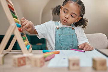 Image showing Girl, math study or homeschool abacus in lockdown homework, mathematic education or child learning with paper. Kid, youth or thinking student with kindergarten studying equipment in house living room