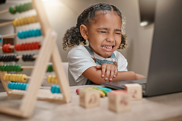 Image showing Girl, sad and crying with laptop and abacus, math and homework with elearning, online and education in house. Young child, frustrated and struggling with mathematics, fail and problem with learning