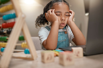 Image showing Sleeping, study and learning with girl at laptop for math homework, pandemic and online courses. Homeschooling, knowledge and burnout with child student feeling tired and exhausted in quarantine