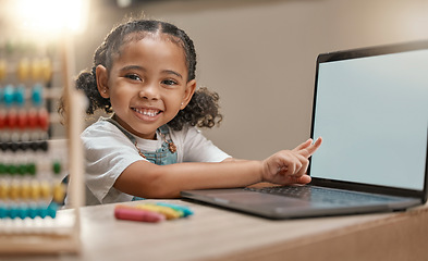 Image showing Mockup laptop, e learning portrait and child pointing at digital mock up screen for marketing, advertising or product placement. Remote education, homeschool and student girl study with math software