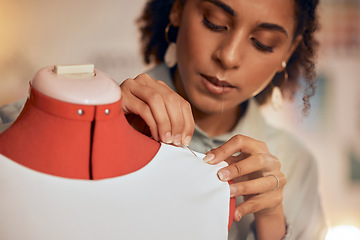 Image showing Fashion designer, black woman and tailor working with fabric and needle for manufacturing, production and design process of clothes at workshop. Female entrepreneur with mannequin for creative work