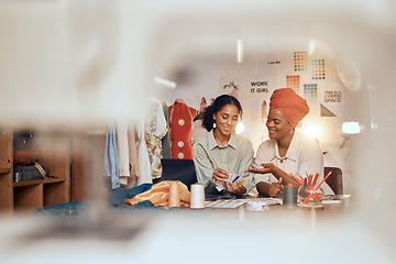 Image showing Fashion, collaboration and designers working with material, fabric or textile for their startup business. Women, creative and friends planning or designing outfit in luxury workshop, shop or boutique