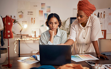 Image showing Black women, fashion designer or laptop in teamwork collaboration, strategy planning or brand innovation in retail store. Creative workers, technology or clothes boutique employees with vision ideas