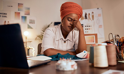 Image showing Fashion designer, headache or stress in boutique, small business or retail store with pattern fail, mistake or crisis. Black woman, seamstress or worker with burnout, mental health or fabric anxiety