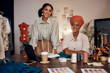 Image showing Portrait, black women and fashion workplace, laptop and prepare for runway show, complete order and talking for business growth. African American females, ladies or entrepreneurs with startup company