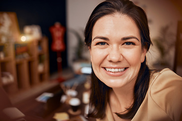 Image showing Portrait of woman with a smile, happiness and excited for selfie while in workshop working, happy and enthusiastic about work. Face of female entrepreneur at workplace for creativity and productivity