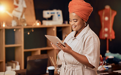 Image showing Fashion, designer and leadership with black woman and tablet for creative, luxury and manufacturing in small business. Factory, schedule and planning with tailor in workshop for retail boutique