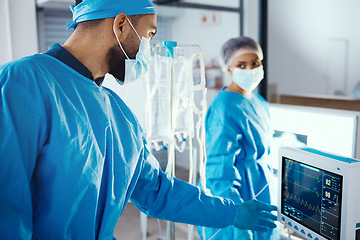 Image showing Surgery, team and checking machine while preparing for medical procedure in a hospital with surgeons. Doctor, heart machine and collaboration for surgical treatment in a healthcare consultation