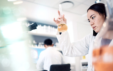 Image showing Science, research and woman with liquid in test tube for analysis, medical testing and analytics in lab. Biotechnology, healthcare and female scientist with medicine, sample and vaccine in glass vial