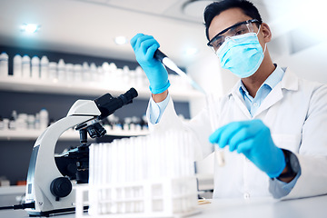 Image showing Covid, microscope and experiment with a man scientist working on research or innovation in a laboratory. Doctor, medicine and safety with a male scientist at work in a lab for a corona virus cure