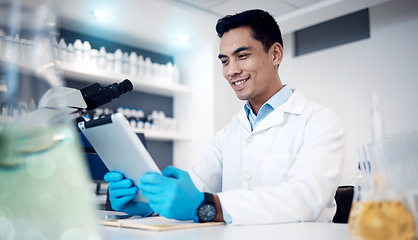 Image showing Happy, tablet or doctor in a laboratory with research results or positive feedback after medical data analysis. Smile, vaccine or healthcare worker reading or working on futuristic science innovation