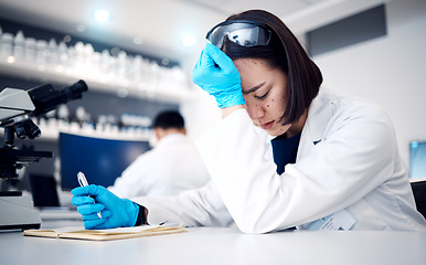 Image showing Scientist, headache stress and woman writing in notebook for research, planning report or working on medical analysis in laboratory. Science, frustrated person and biochemistry mistake in lab results