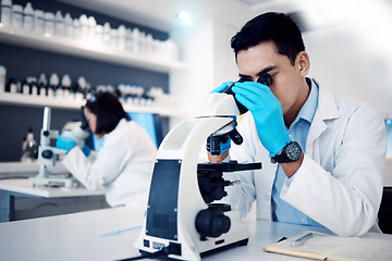 Image showing Science, research and man with medical microscope for exam, analysis and sample study in laboratory. Healthcare, medicine and male scientist use equipment for lab test, analytics and biotechnology