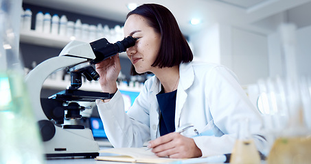 Image showing Scientist woman, microscope and lab with writing, book and development of vaccine, cure or medicine. Asian medical expert, science tools and laboratory research for pharmaceutical career in Tokyo