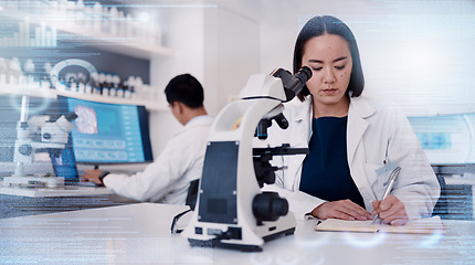 Image showing Scientist in laboratory, asian woman in science with microscope and report analytics of research study with data overlay. Innovation in biotechnology, chemistry expert in Seoul or biology specialist