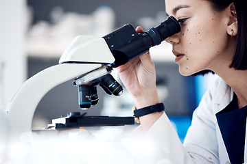 Image showing Science laboratory, microscope analysis and scientist research bacteria virus for healthcare innovation. Biotechnology lab, medical development study and Asian woman check micro biology test sample