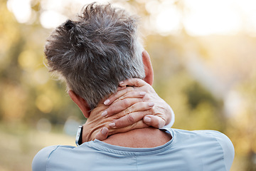 Image showing Back, neck and senior woman stretching, pain and injury outdoor, wellness and health. Exercise, mature female and elderly lady massaging muscle, healthcare and suffering for ache, stiff and workout.