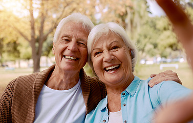 Image showing Love, smile and selfie with old couple in park for bonding, relax and affection together. Retirement, nature and happy with portrait of man and woman in garden for happiness, summer and relationship